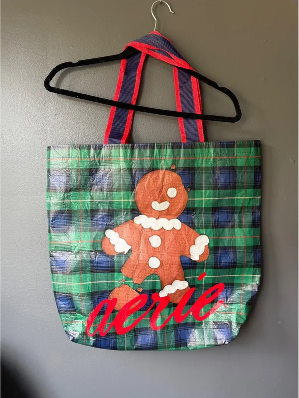 Aerie Holiday Gingerbread Tote Bag with Red and Navy Handles - Image 3