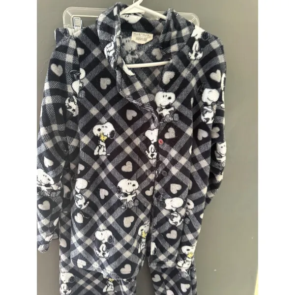 Munki Munki Peanuts Snoopy Fleece Pajama Set XL Black White Plaid Hearts Button - Image 3