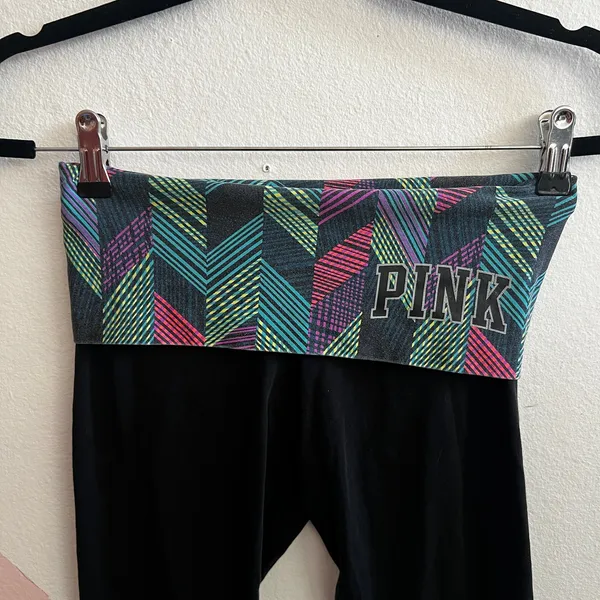Victorias Secret PINK Black Logo Fold Over Leggings Y2K 2000s‎ Stretch Yoga XS - Image 2