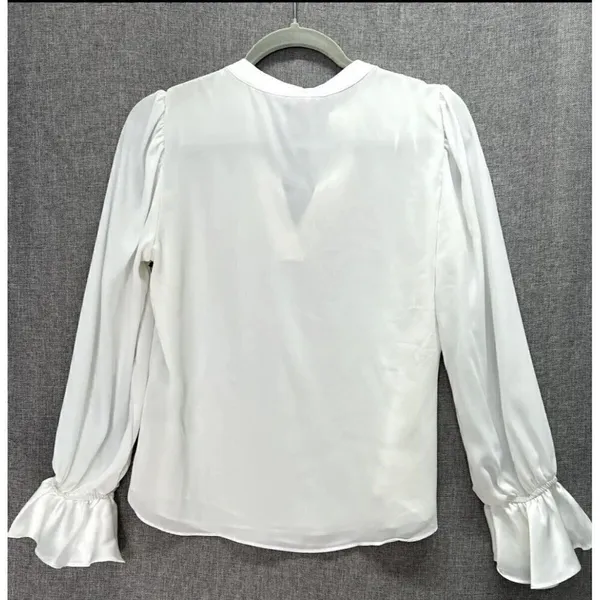 NEW DKNY Ruffled Satin Silky Blouse Top MEDIUM long sleeves Ivory white NWT - Image 8