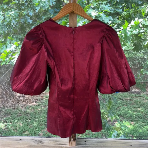 Amanda Uprichard Neveah Puff Sleeve Satin Blouse Dark Red Size M - Image 3