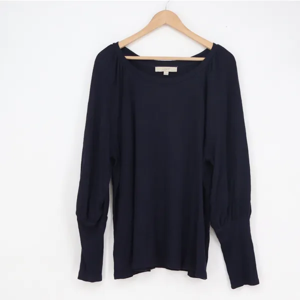 LOFT Womens XL Navy Blue Bishop Sleeve Ribbed Cuff Boat Neck Knit Blouse Top - Image 2