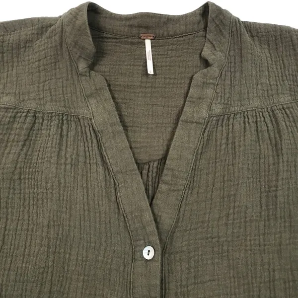 FREE PEOPLE Changing Horizons V Neck Top Sz S Olive Green Gauze Oversize Boho - Image 6