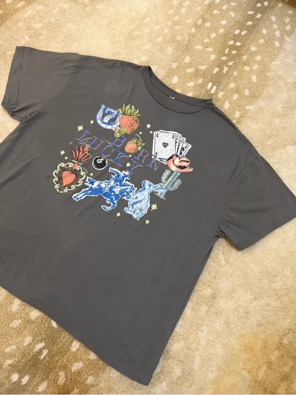 Five Below Born Lucky Graphic Tee Dark Gray Western Cowboy Lucky Charm - Image 3