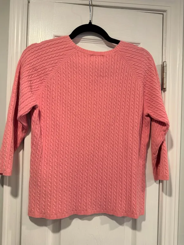 L.L. Bean Size L Pink Crew Neck Cable Knit 3/4 Sleeve Cotton Pullover Sweater - Image 6