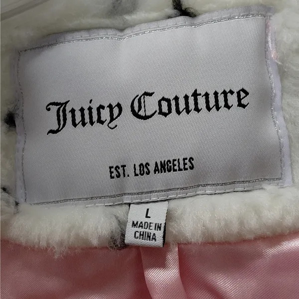 Juicy Couture Women’s Spotted Faux Fur Jacket White Black Cow Print Large Coat - Image 11