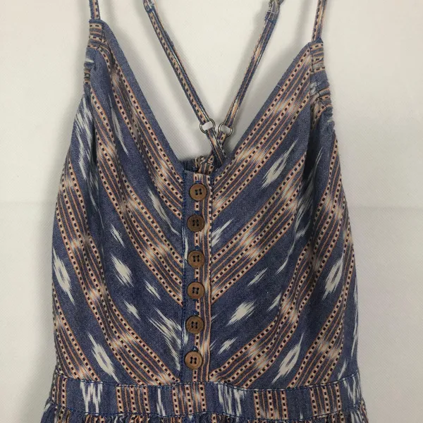 Ecote V-Neck 1/2 Button Blue/Brown Dress Sleeveless Boho Size Medium - Image 3