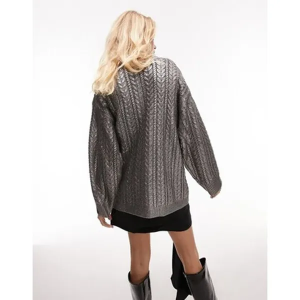 Topshop Premium Womens S Metallic Gray Chunky Knit Oversized Sweater Pullover - Image 3