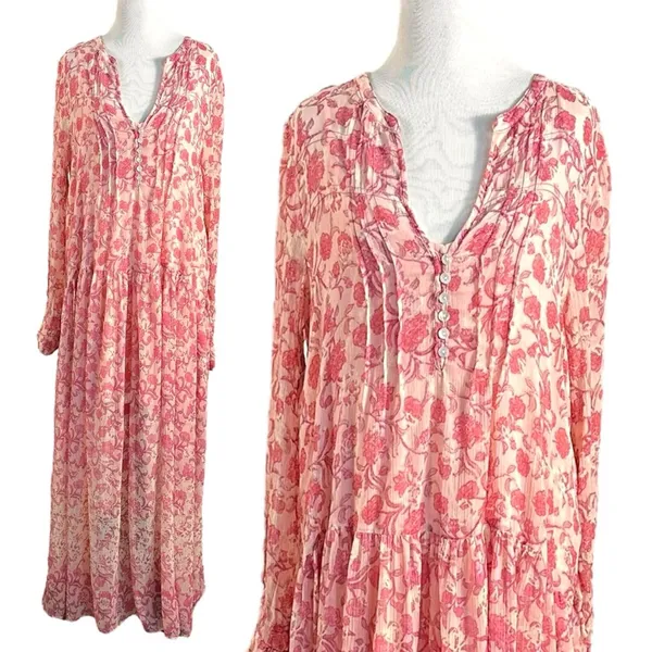 Free People Dainty Ethereal See It Through Maxi Dress Pink Rose Floral Large - Image 5
