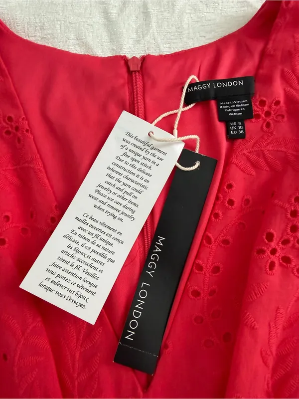 NWT Maggy London Coral Eyelet Midi Dress Size 6 Ruffle V-Neck - Image 8