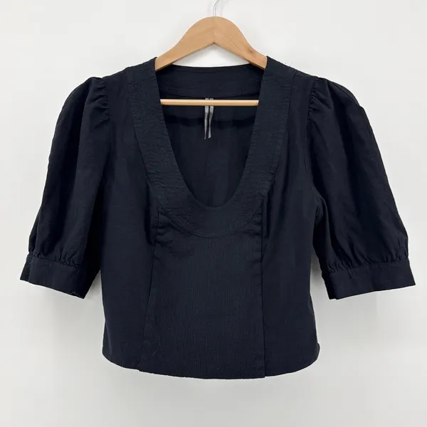 Anthropologie Puff Sleeve Scoop Neck Linen Crop Top‎ Black Size 6 EUC Size Large - Image 3