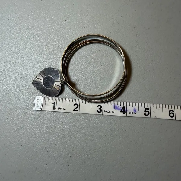 Silver Tone Multi Strand Bangle Bracelet Textured Sunburst Etched Heart Charm - Image 4
