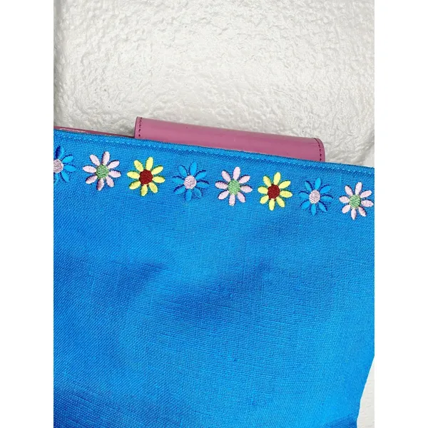 Ralph Shoulder Bag Womens Small Blue Canvas Pink Leather Floral Embroidery - Image 2