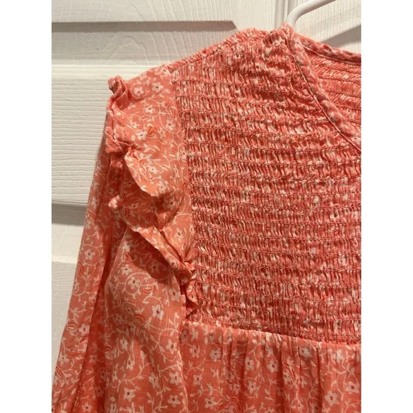 Billabong x Wrangler Womens Large Coral Floral Smocked Long Sleeve Blouse Ruffle - Image 3