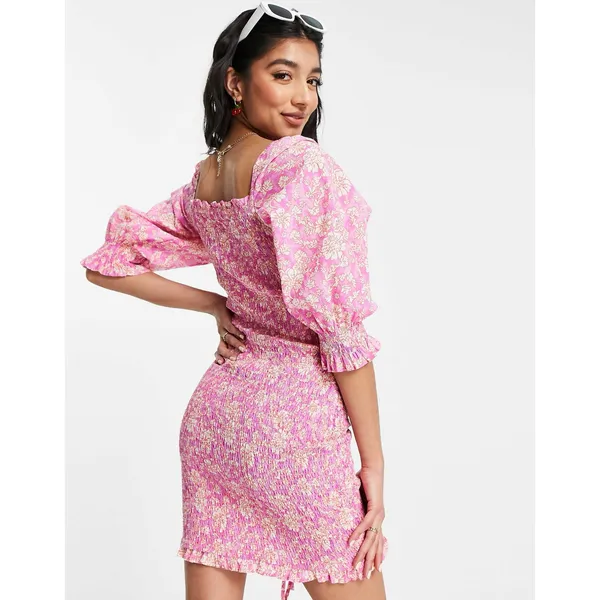 ASOS x NEW LOOK Dress Size 6 Smocked Floral Ruched Pink Orange Mini Sweetheart - Image 2