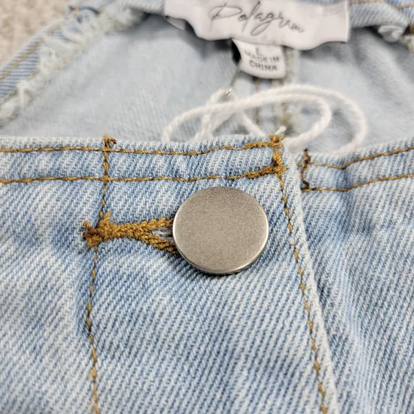 Polagram Overall Button Up Denim Jumpsuit Womens L Blue Light Wash Ruffle Straps - Image 6