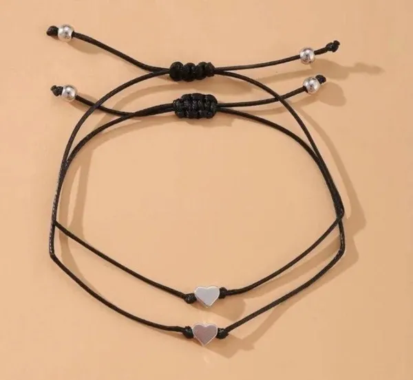 Pair of heart string bracelets, pinky promise, black, silver, best friends, bff - Image 2