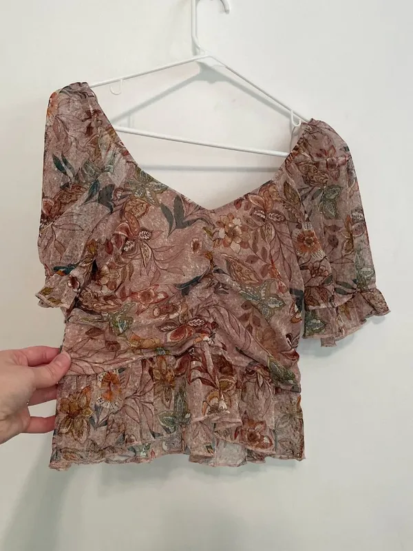 MERAKI Mauve Pink Floral Mesh Ruched Short Sleeve Puff Sleeve Crop Top Blouse L - Image 14