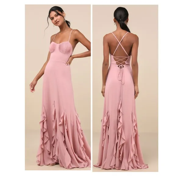 Lulus Priela Pink Ruffled Lace-Up Maxi Dress Size XL Whimsical Formal Wedding - Image 2