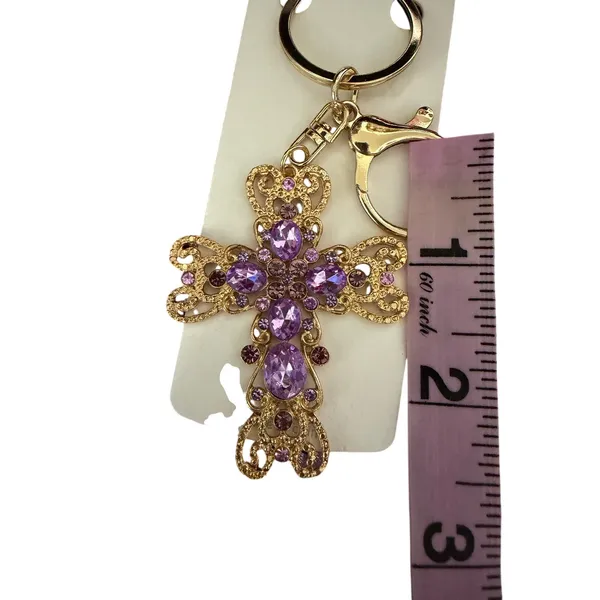 Mint Gold Filigree Purple Rhinestone Cross Bag Tag Key Ring - Image 3