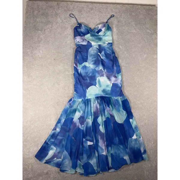 Here‎ Comes The Sun Sunni Low Back Midi Dress Floral Blue Xs Fit & Flare - Image 4
