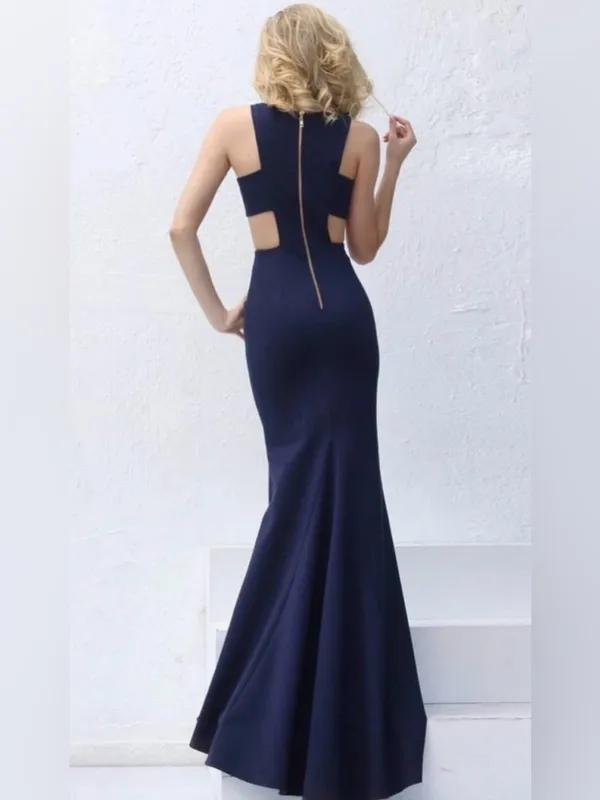 Sherri Hill Navy Blue Cut Out Sides Dress Train Style 50741 Sz 2 Prom Homecoming - Image 4