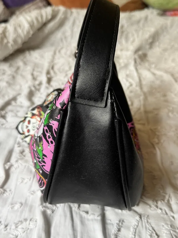 Ed Hardy Black & Pink Skull Rose Hobo Bag - Image 9