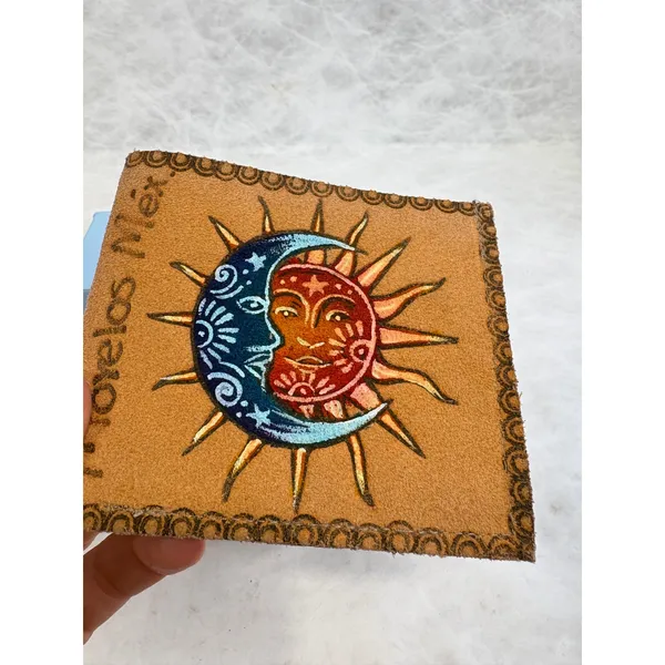 Morelos Mexico Hand Painted Leather Sun Moon Bifold Wallet Tan Celestial Zipper - Image 3