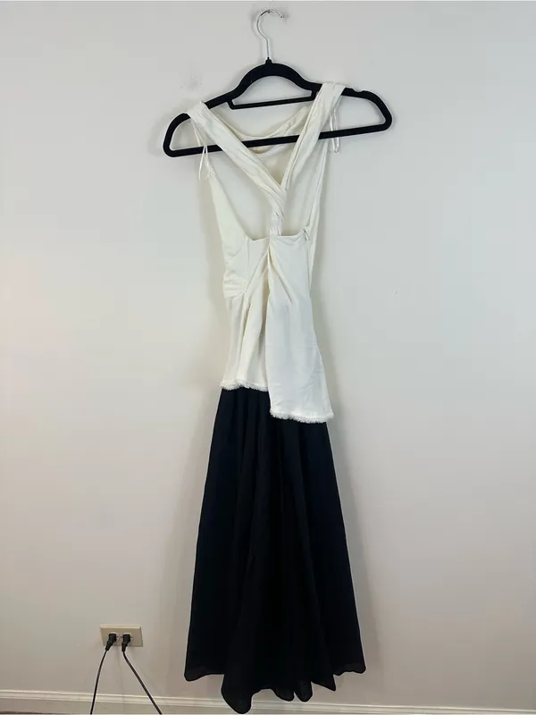 Zara Asymmetrical Draped Twist Open Back Maxi Dress Black and Cream Size Small - Image 4