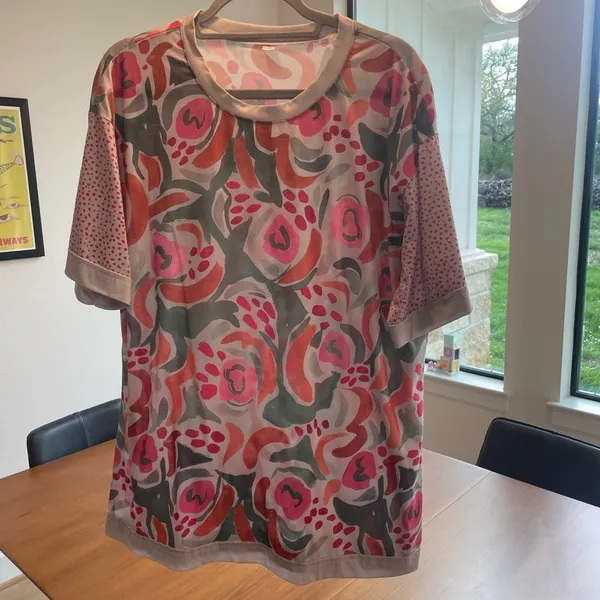 Abstract Painterly Floral Top Mixed Media Dotted Sleeve Maximalist XL Teacher - Image 4