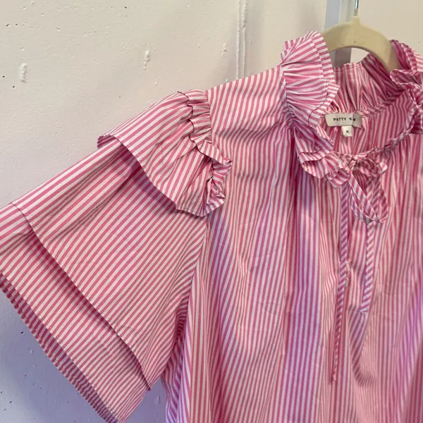 Patty Kim Pink White Striped Ruffle Neck Tiered Sleeve Blouse Medium Boho - Image 6