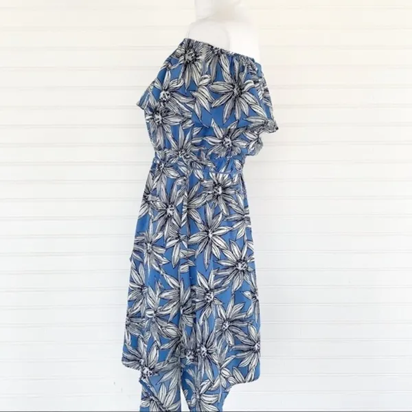 Charlotte Russe Dress XS Blue Floral Off Shoulder‎ Handkerchief Hem Tassel Belt - Image 8