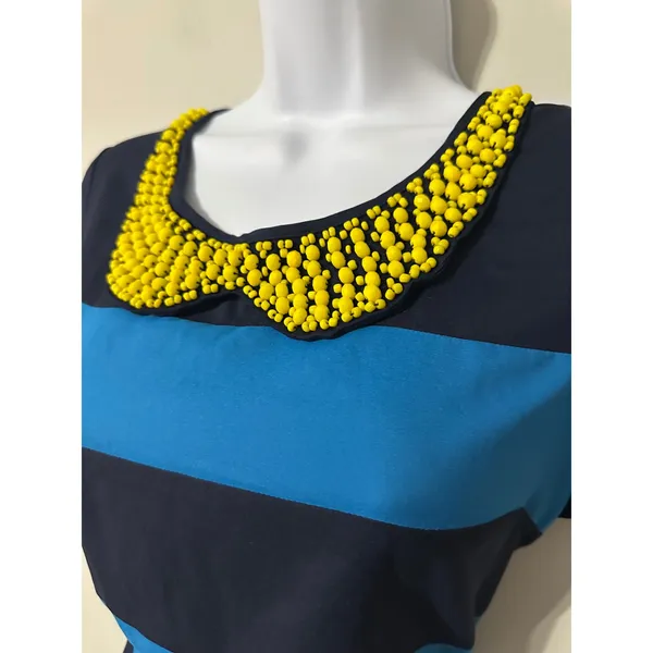 M60 Miss Sixty Striped Sheath Dress Yellow‎ Beaded Peter Pan Collar Size 4 - Image 2