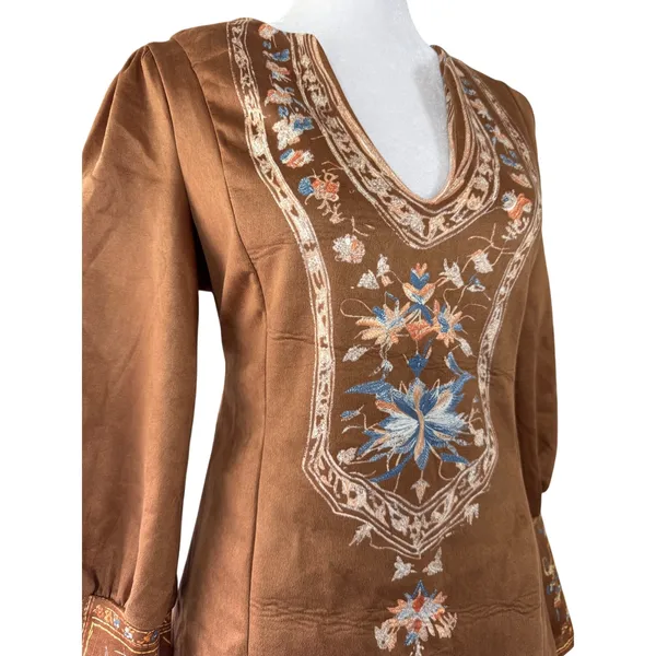 Brown Floral Print V-Neck Long Sleeve Bodycon Mini Dress - Image 4