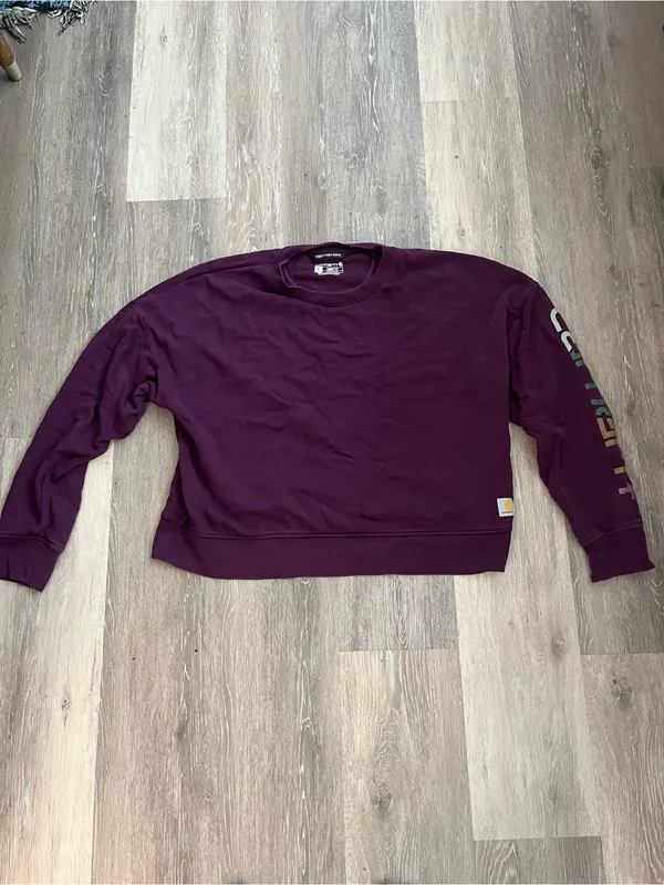 Carhartt Tencel Sweatshirt Womens Large Burgundy Loose Fit Cropped Sleeve Logo - Image 2