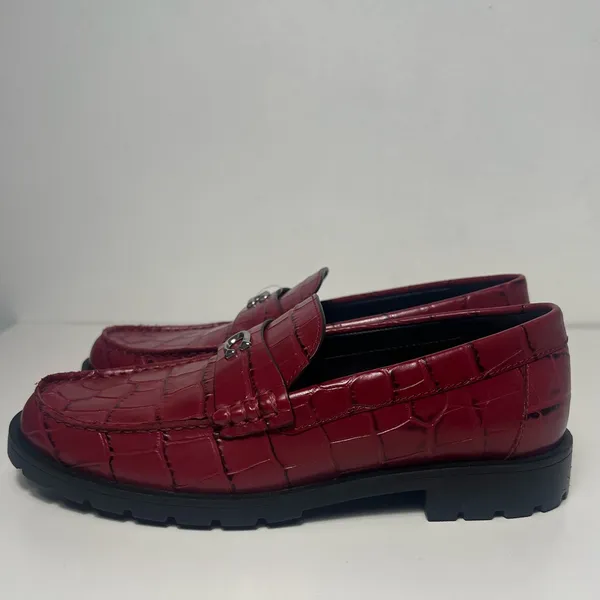 Coach Jocelyn Croc Embossed Dark Ruby Red Leather Slip On Penny Loafers Flats - Image 10