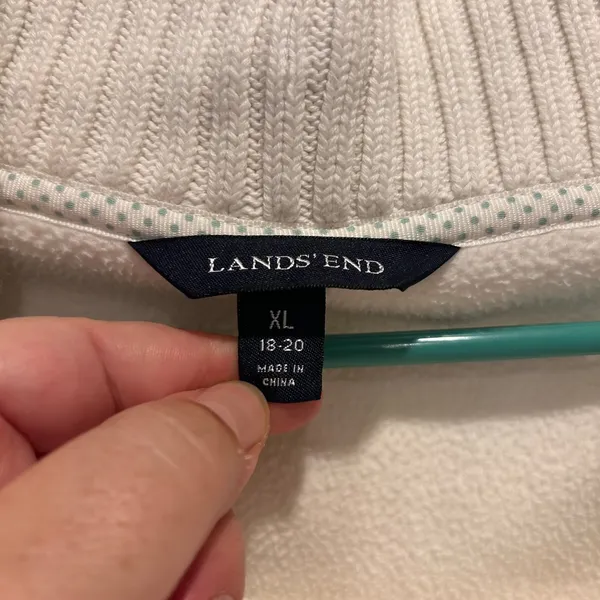 Lands End Womens XL Cream Full Zip Fleece Jacket Mock Neck Ribbed Trim Pocket - Image 3