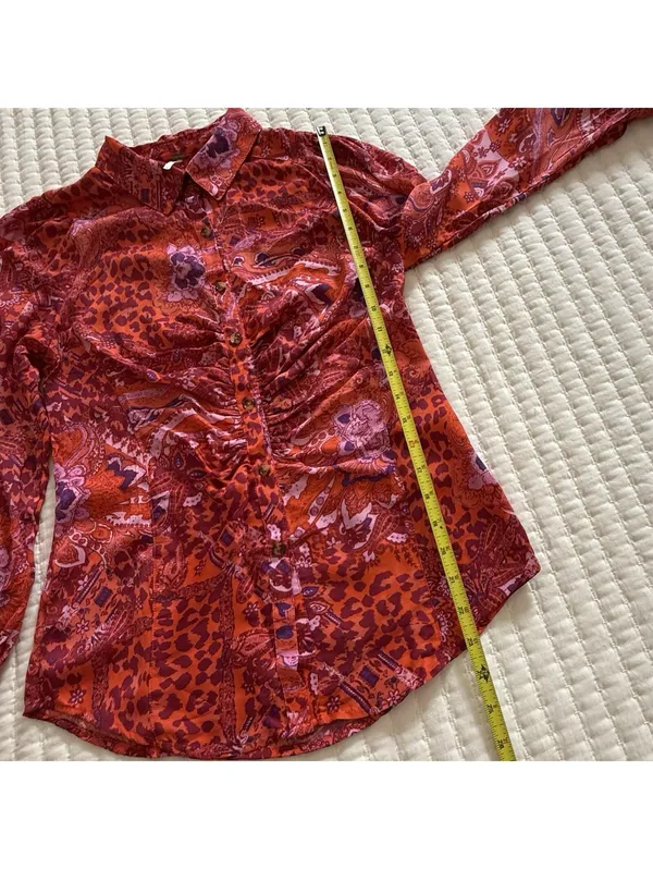 Free People Bianca S Small Button Up Top Red Orange Animal & Floral Print Boho - Image 3