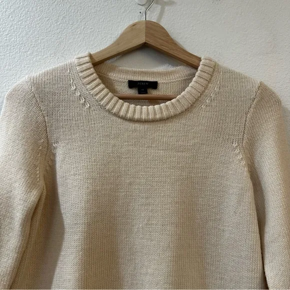 J.‎ Crew 100% Wool Sweater 3/4 Sleeve Stripe Trim XS Cream Gray Preppy Academia - Image 2