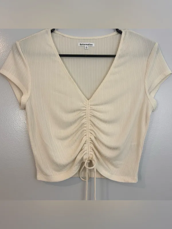 Reformation Mariam Short Sleeve Cream/Ivory Knit Ribbed Top Size Small - Image 3