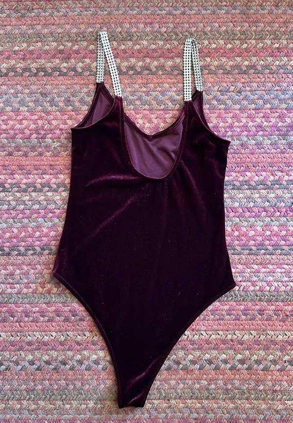 Maroon Velvet Rhinestone Strap Bodysuit One Piece - Image 5