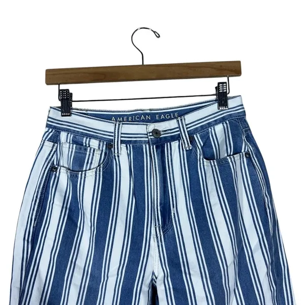 American Eagle Mom Jean Striped Denim Pants Blue White High Rise Tapered Size 2 - Image 3