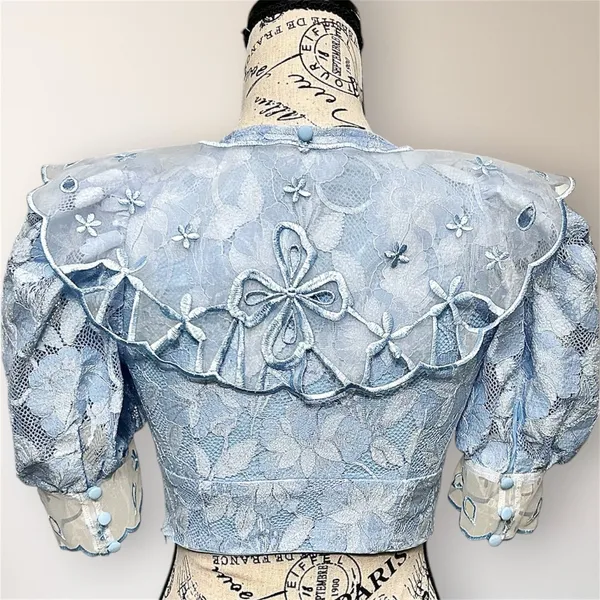 For Love & Lemons Uma Lace Crop Top S Blue Embroidered Puff Sleeve NWT Fairycore - Image 4