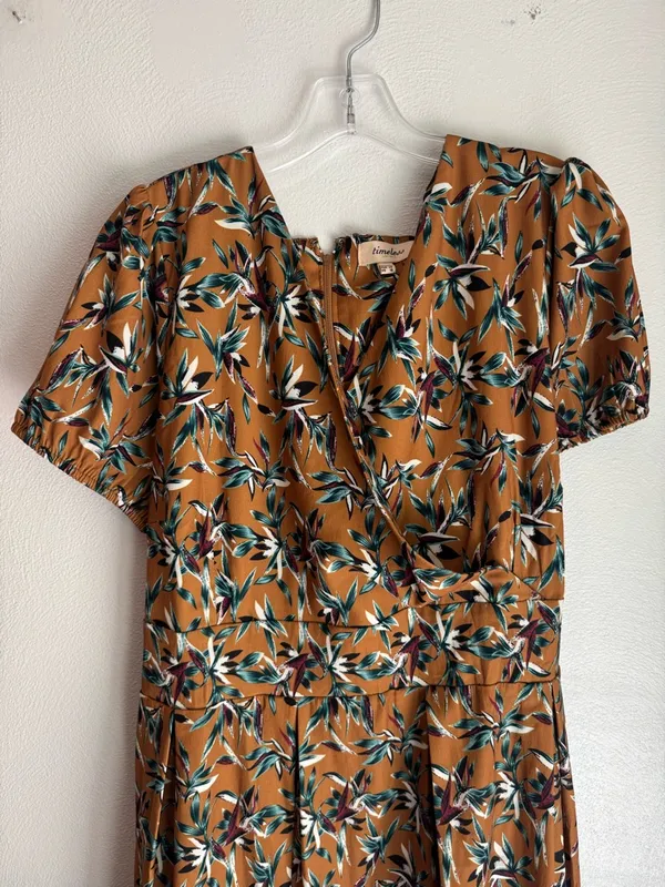 Timeless London 50's Caramel Brown Tropical Leaf Print Short Sleeve Pinup Dress - Image 5