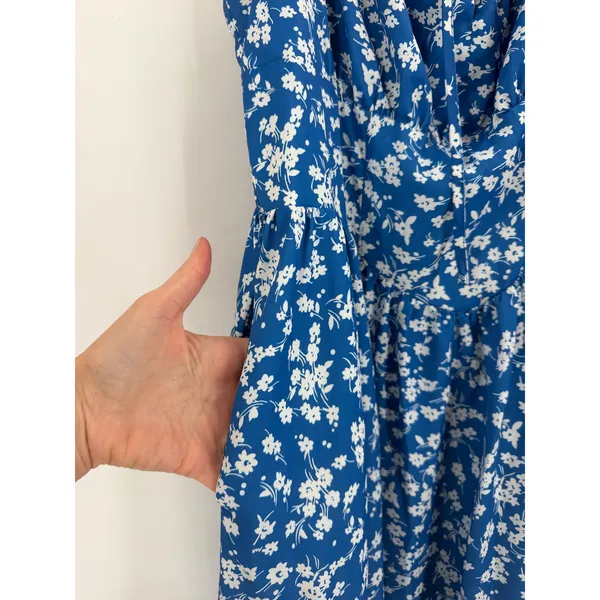 Scarlet Darkness Midi Dress Womens L Blue Floral Milkmaid Smocked Cottagecore - Image 7