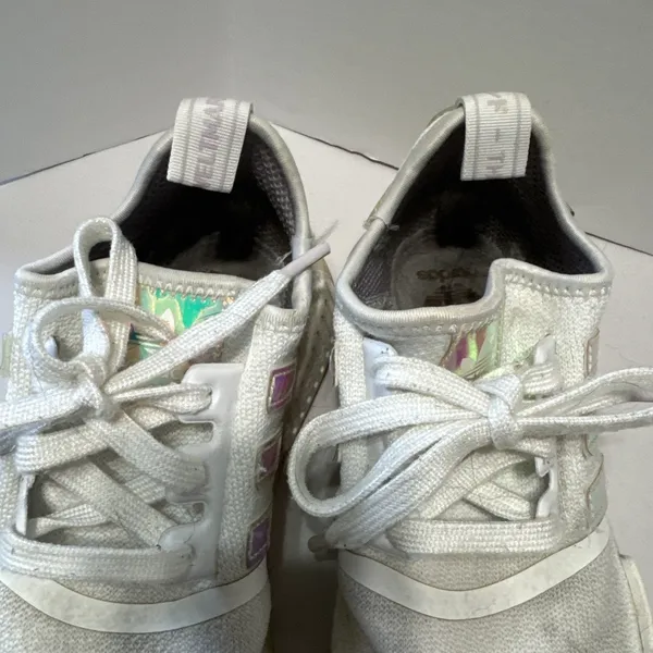 adidas‎ NMD_R1 White Iridescent Sneakers Tennis Shoes Women’s 6.5 Silver Stripes - Image 4