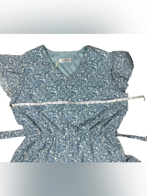 Manydress Blue Floral Midi Dress Flutter Sleeve Tie Waist Cottagecore Boho XL - Image 7