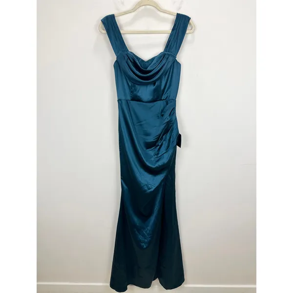 Lulus Stunning Arrival Dark Teal Satin Off The Shoulder Maxi Dress Formal S NWT - Image 5