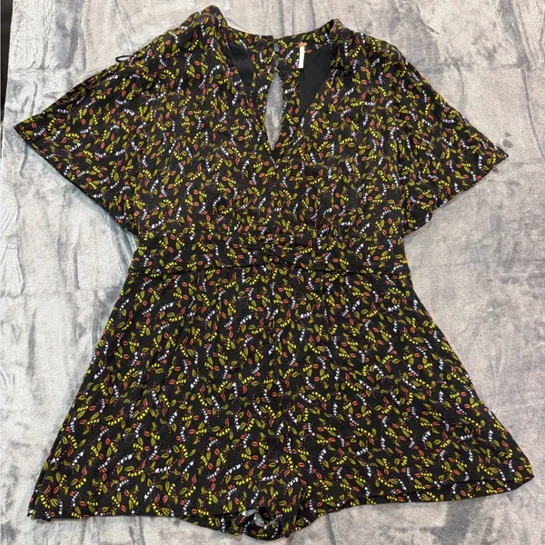 Free People Romper Womens Black Floral Leaf Print Open Back Flutter Sleeve 12 - Image 3