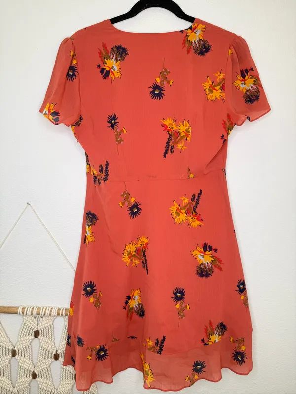 Madewell Dress Posy Cactus Flower Coral Orange Pink floral print wrap ruffle - Image 4